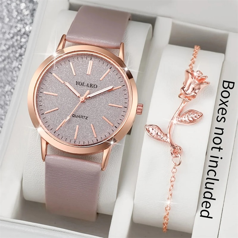 Elegant Women's Rose Flower Bracelet Watch Shiny PU Leather Analog Quartz Timepiece