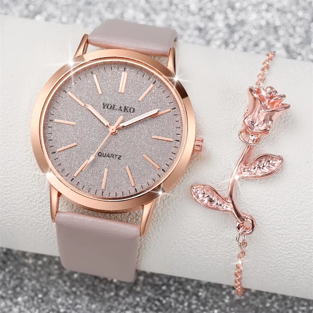 Elegant Women's Rose Flower Bracelet Watch Shiny PU Leather Analog Quartz Timepiece