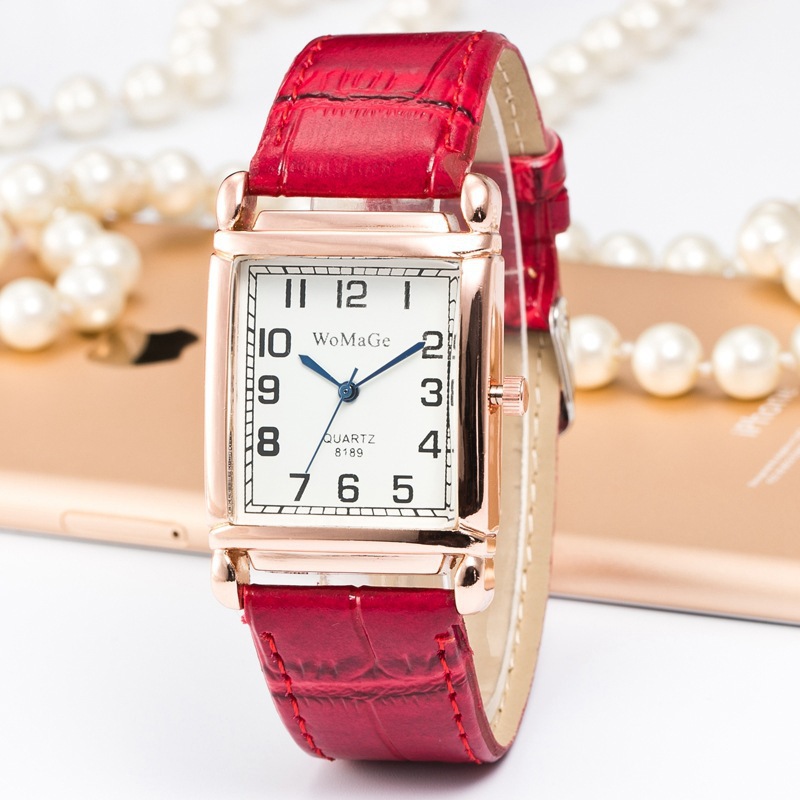 Luxury Rose Gold Square Womens Quartz Watch with Red Leather Strap