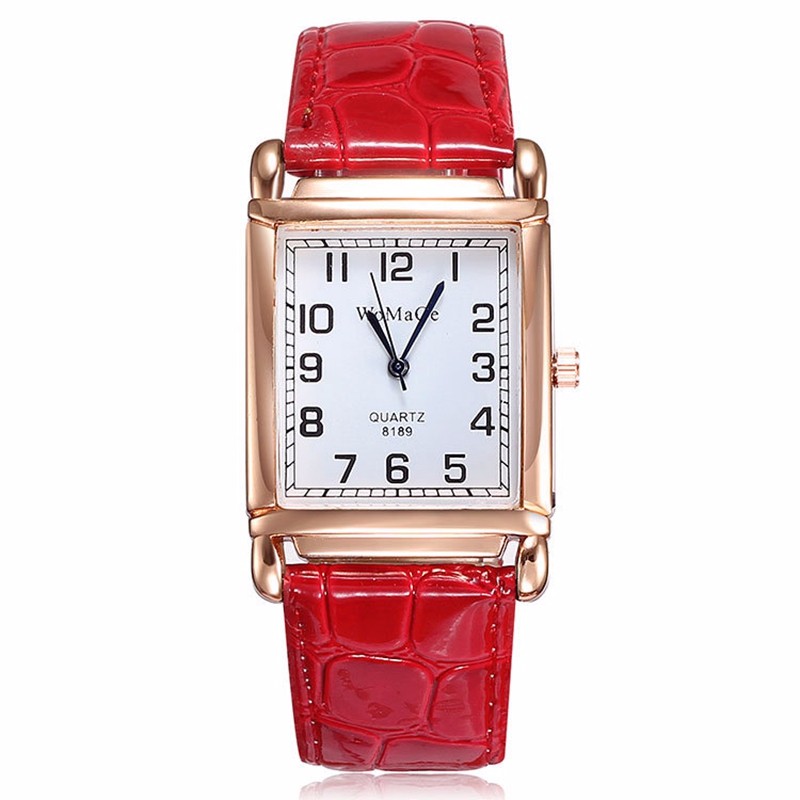 Luxury Rose Gold Square Womens Quartz Watch with Red Leather Strap