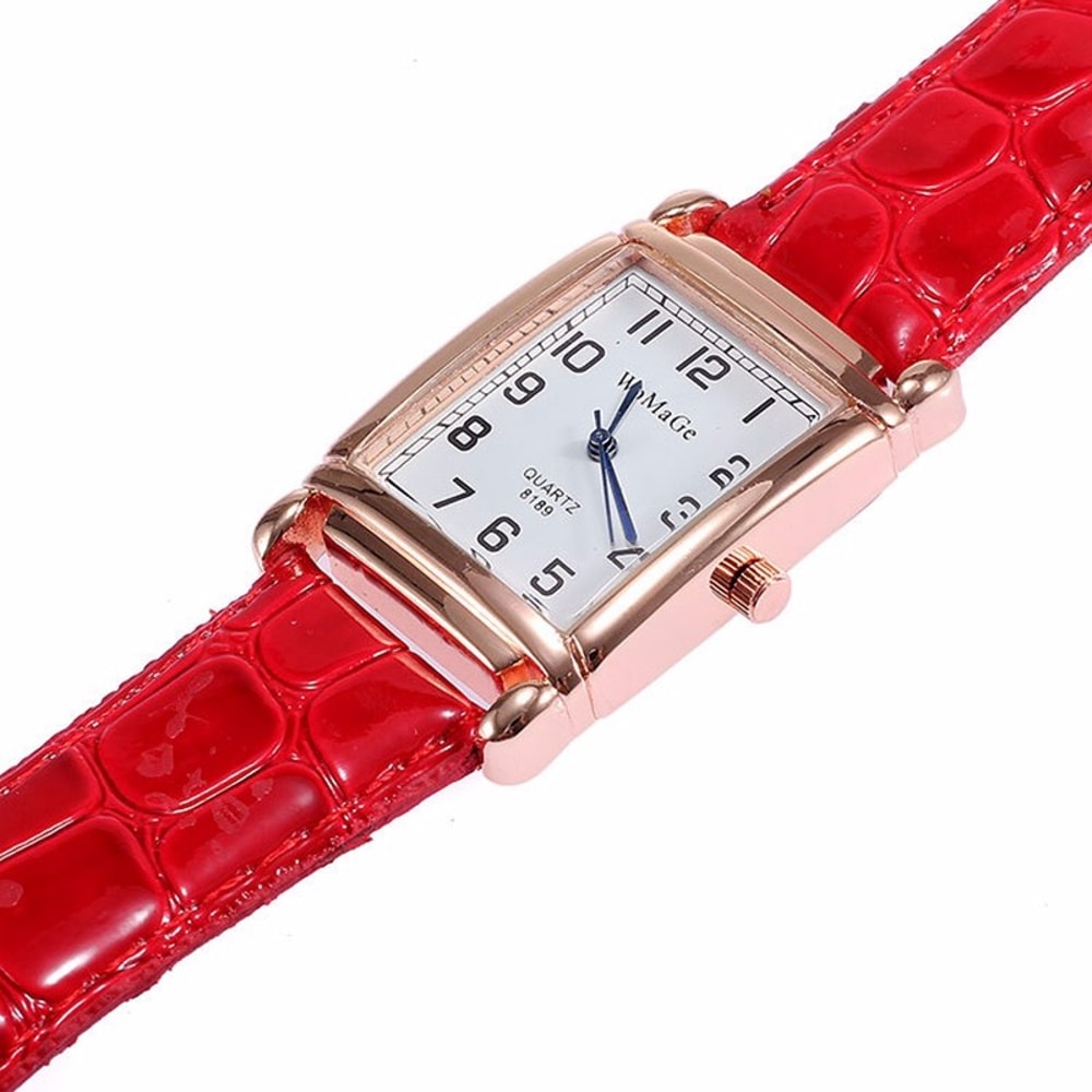 Luxury Rose Gold Square Womens Quartz Watch with Red Leather Strap