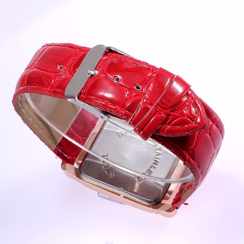 Luxury Rose Gold Square Womens Quartz Watch with Red Leather Strap