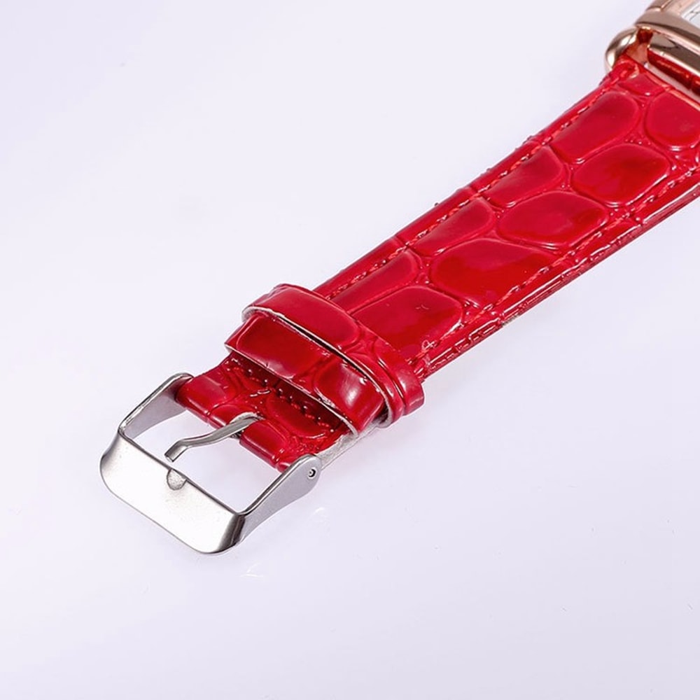 Luxury Rose Gold Square Womens Quartz Watch with Red Leather Strap