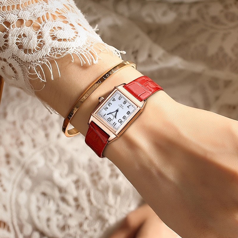 Luxury Rose Gold Square Womens Quartz Watch with Red Leather Strap