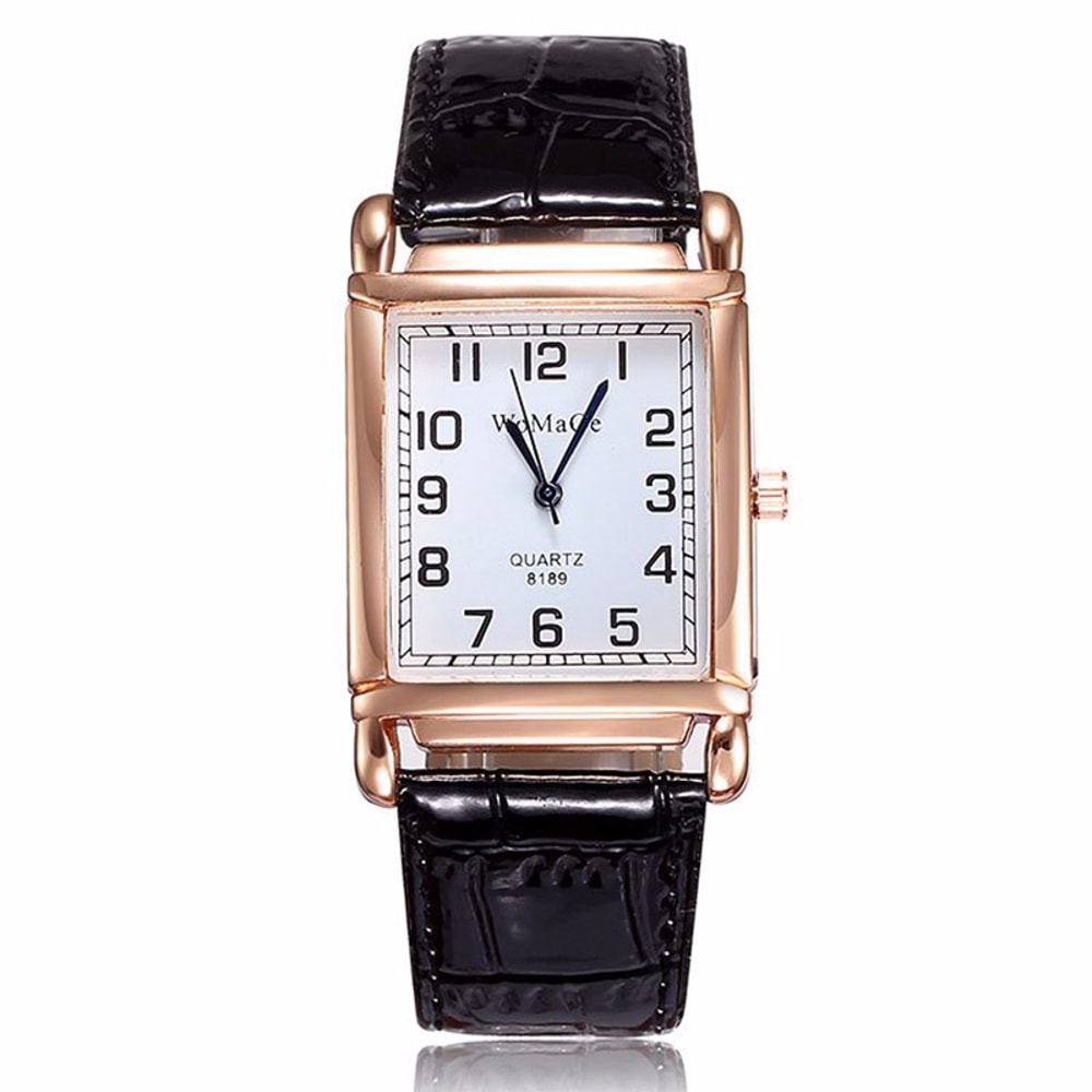 Luxury Rose Gold Square Womens Quartz Watch with Red Leather Strap