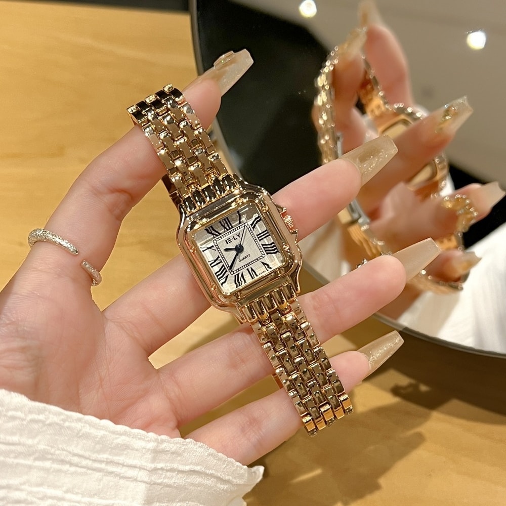 Elegant Gold Stainless Steel Women's Quartz Wristwatch Light Luxury Business Fashion Watch