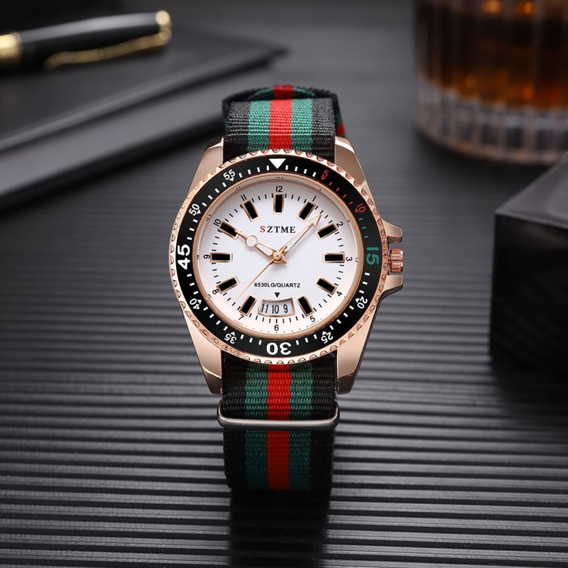 Luxurious Nylon Strap Calendar Watch For Men Women With Night Light Quartz Movement 1