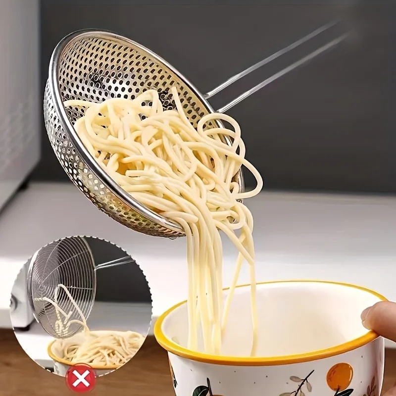 Stainless Steel Colander with Wooden Handle Fine Mesh Skimmer Spoon for Cooking and Pasta Noodles
