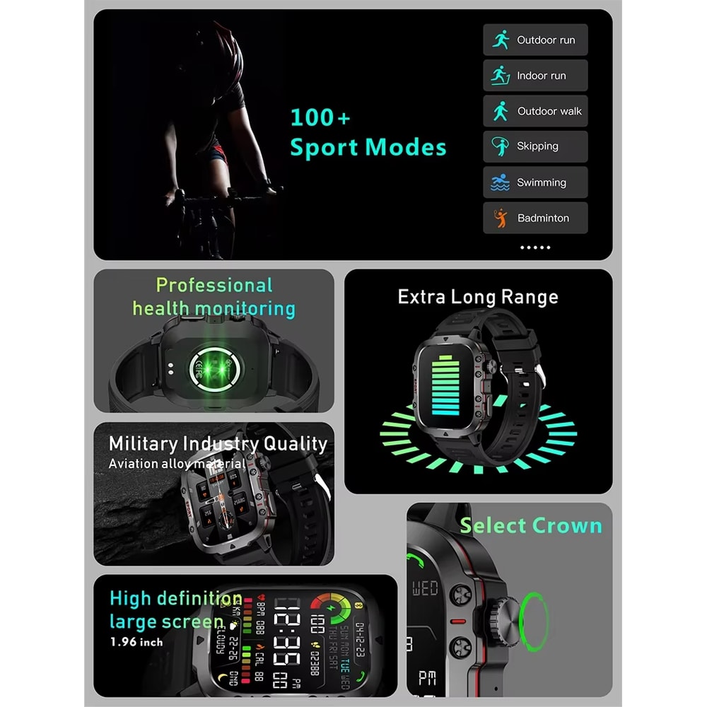 Rugged Military Smart Watch For Men Outdoor Bluetooth Call HD Touch Screen Smartwatch 1