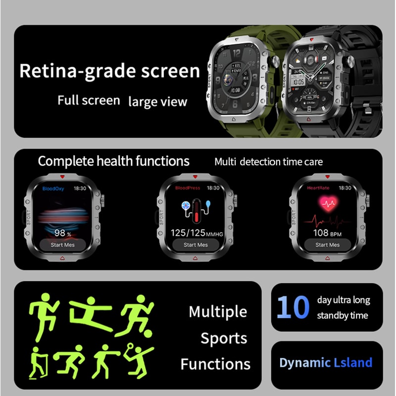 Rugged Military Smart Watch For Men Outdoor Bluetooth Call HD Touch Screen Smartwatch 5