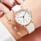 Womens Fashion Quartz Watch with Arabic Dial, Leather Band, and Gold Heart Bracelet Set