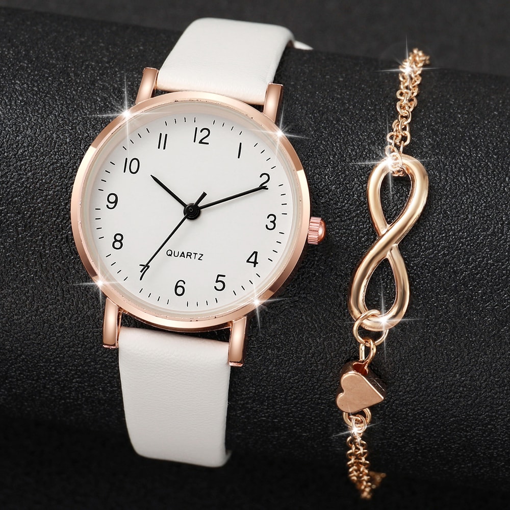 Womens Fashion Quartz Watch with Arabic Dial, Leather Band, and Gold Heart Bracelet Set