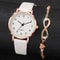 Womens Fashion Quartz Watch with Arabic Dial, Leather Band, and Gold Heart Bracelet Set