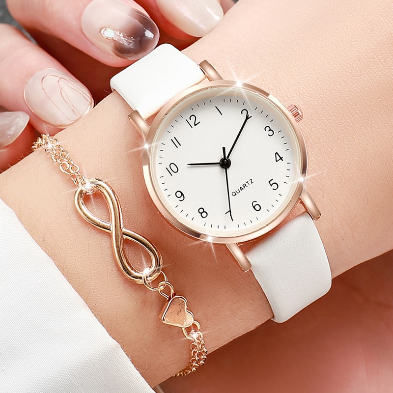 Womens Fashion Quartz Watch with Arabic Dial, Leather Band, and Gold Heart Bracelet Set