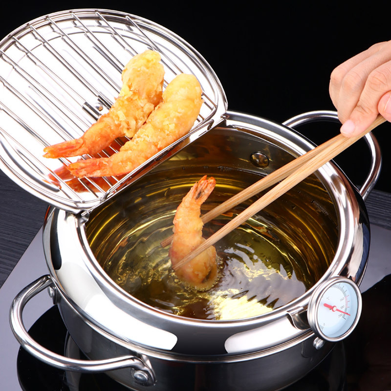 Deep Frying Pot with Thermometer & Lid Premium Stainless Steel Tempura Fryer Pan for Kitchen Cooking