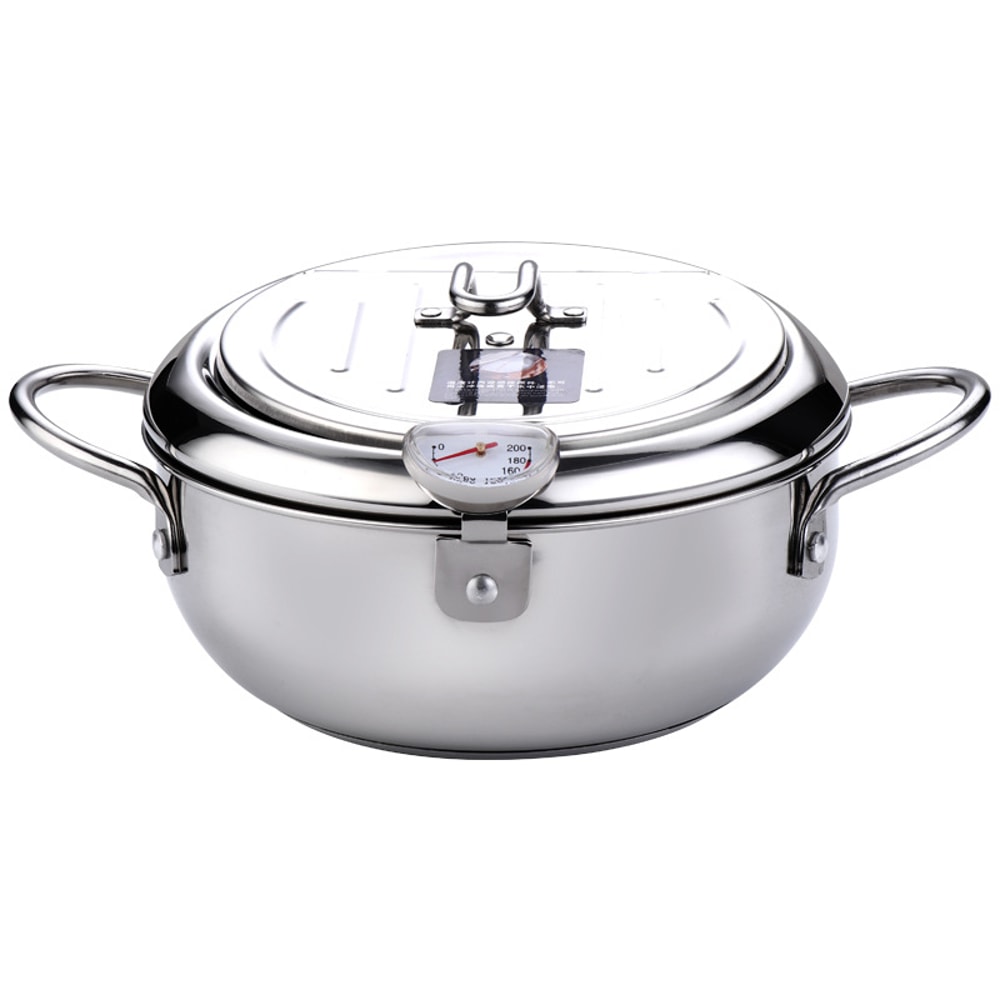 Deep Frying Pot with Thermometer & Lid Premium Stainless Steel Tempura Fryer Pan for Kitchen Cooking