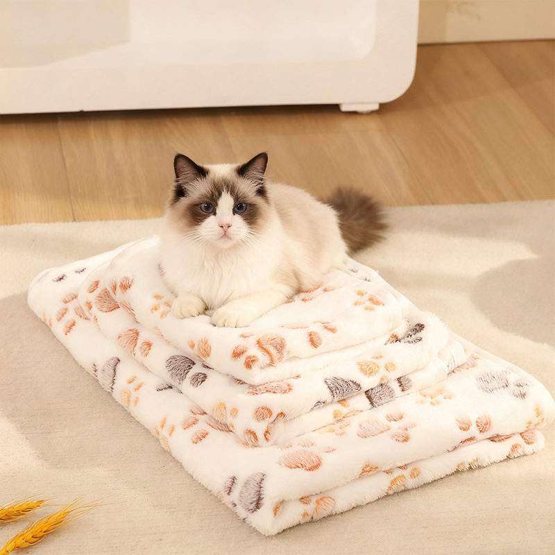 Winter Soft Coral Fleece Blanket with Cute Dog Paw Print Cozy Pet Mat for Warmth and Comfort