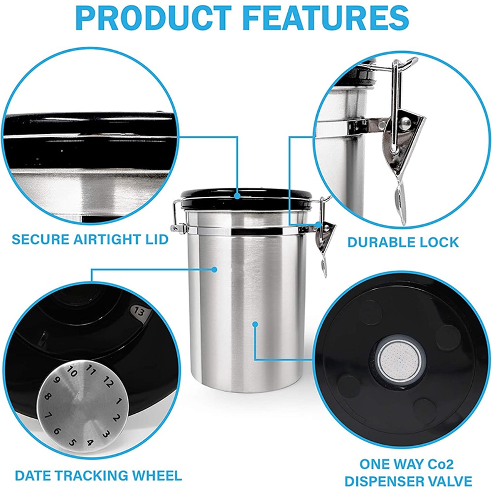 Stainless Steel Coffee Canister for Ground Coffee with Scoop Airtight Storage for Beans, Sugar, Tea, and More