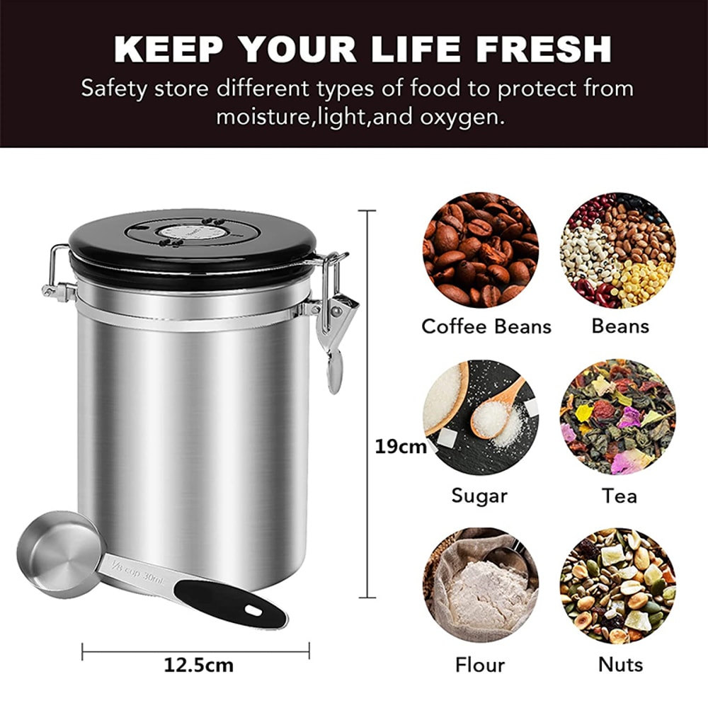 Stainless Steel Coffee Canister for Ground Coffee with Scoop Airtight Storage for Beans, Sugar, Tea, and More