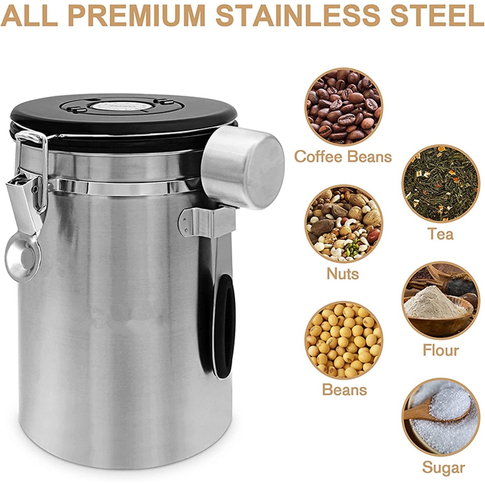 Stainless Steel Coffee Canister for Ground Coffee with Scoop Airtight Storage for Beans, Sugar, Tea, and More