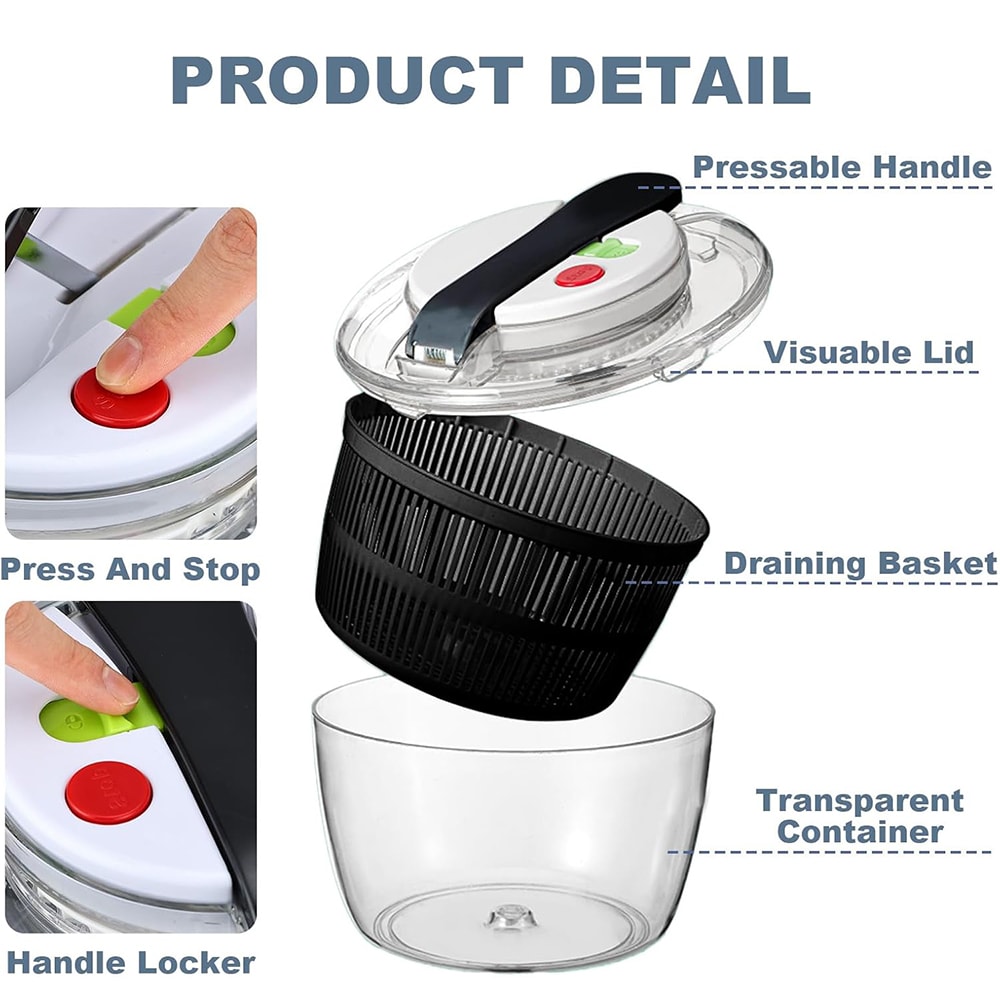 One-Handed Salad Spinner with Lid Large Salad Washer, Dryer, and Mixer
