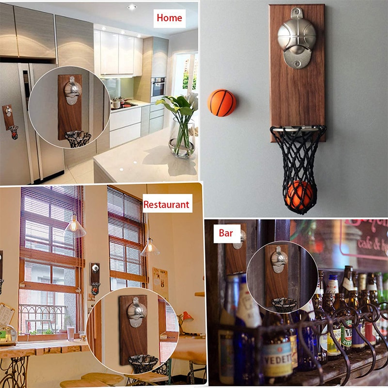 Magnetic Basketball Bottle Opener With Wooden WallMount And Cap Catcher Perfect Gift For Basketball 5
