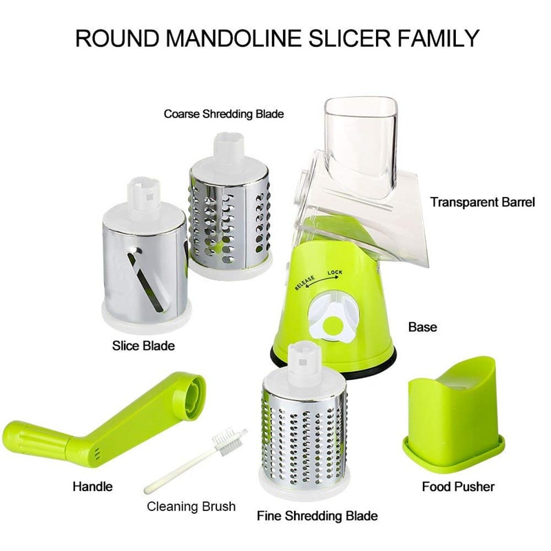 Manual Rotary Vegetable Slicer and Cheese Grater with Stainless Steel Drums for Effortless Food Prep