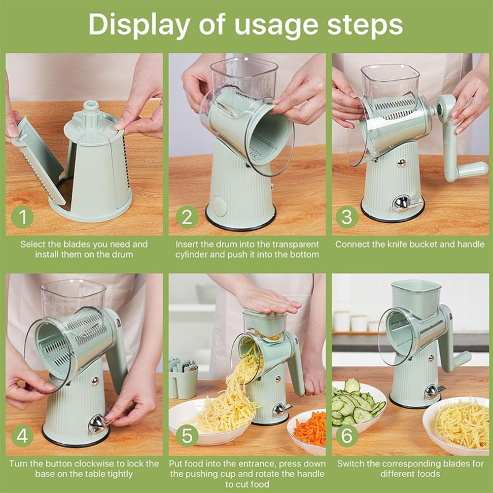 Rotary Cheese Grater with Suction Base Kitchen Vegetable Cutter & Drum Slicer with Handle