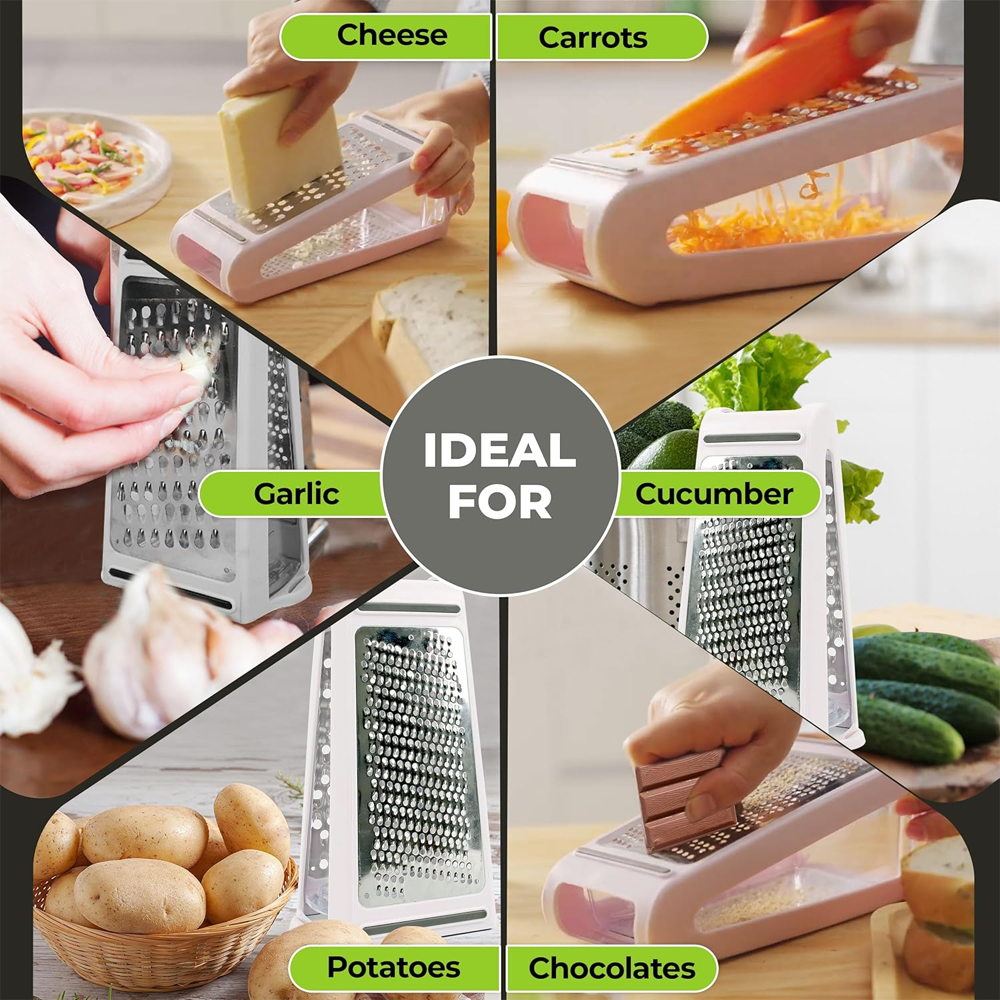 Stainless Steel Cheese Grater With Container Durable Vegetable Grater With Handle NonSlip Base And 4