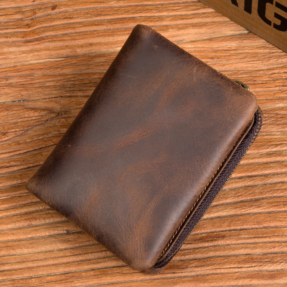 Handmade Crazy Horse Leather Wallet Retro Vertical Zipper Cowhide Wallet for Men