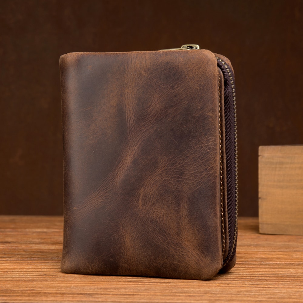 Handmade Crazy Horse Leather Wallet Retro Vertical Zipper Cowhide Wallet for Men