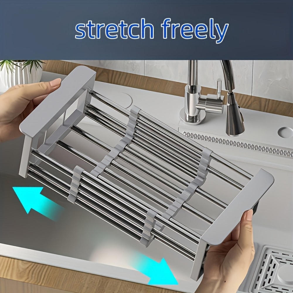 Stainless Steel Adjustable Sink Drying Rack Extendable Kitchen Drain Basket for Dish and Fruit Storage