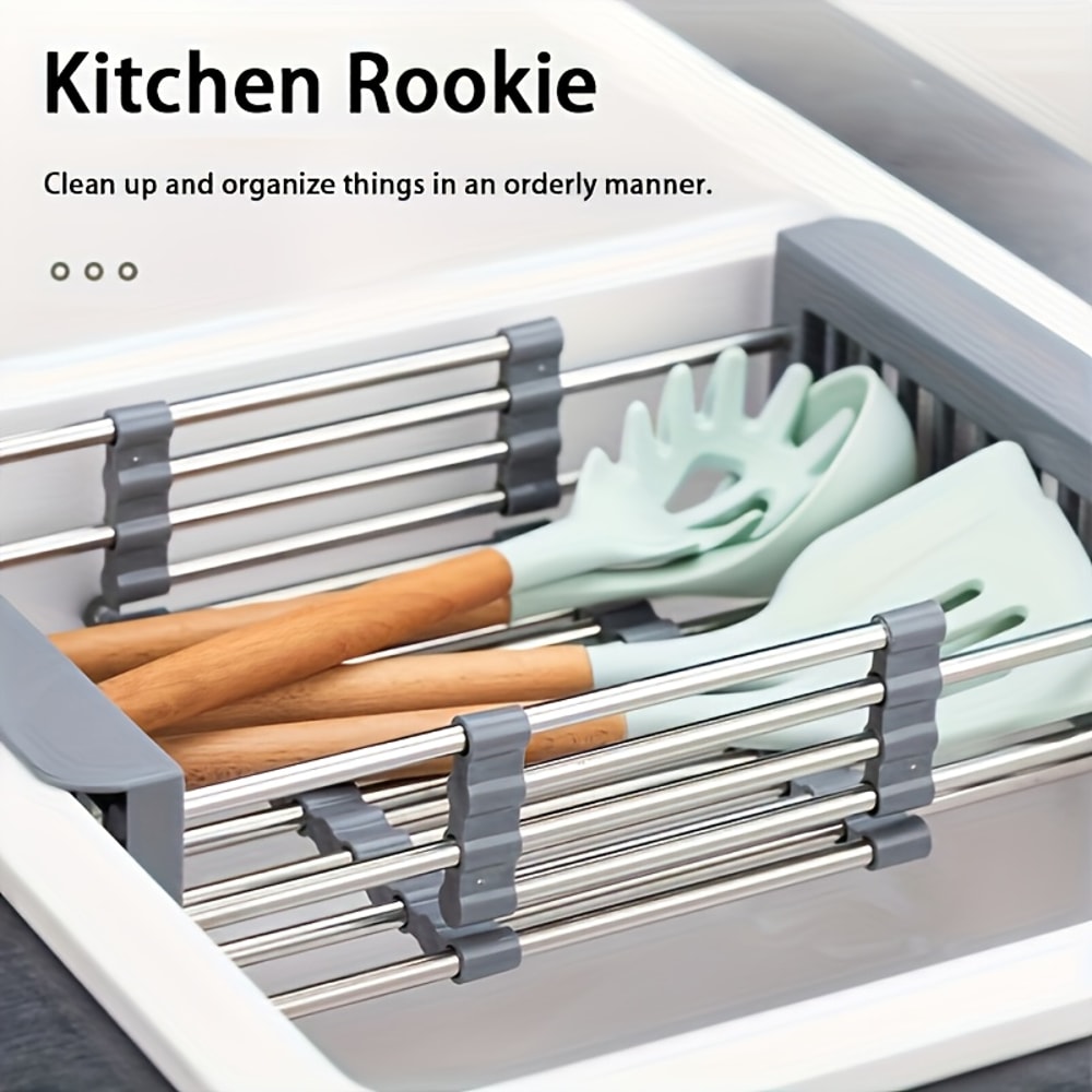 Stainless Steel Adjustable Sink Drying Rack Extendable Kitchen Drain Basket for Dish and Fruit Storage