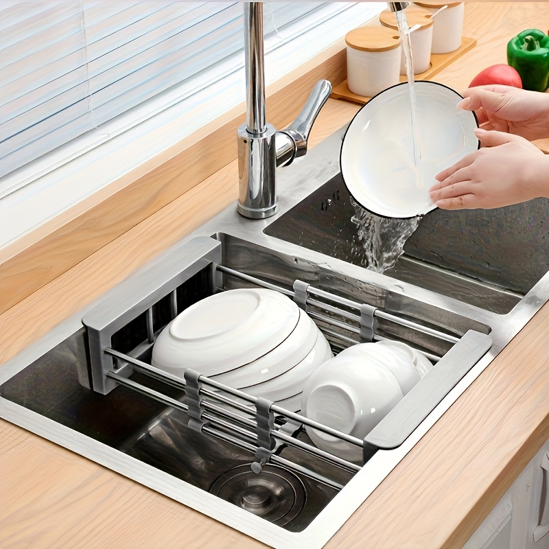 Stainless Steel Adjustable Sink Drying Rack Extendable Kitchen Drain Basket for Dish and Fruit Storage