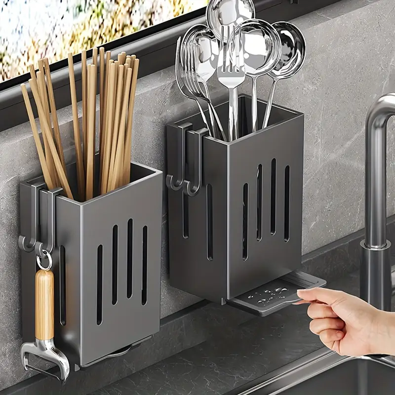 Wallmounted Chopstick Holder For Kitchen Sink Punchfree Drain Rack With Water Tray Hook 0