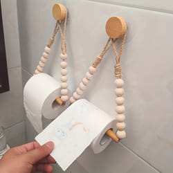 rustic wood no-drill toilet paper holder with jute cord & beads adhesive wall-mounted paper dispenser organizer