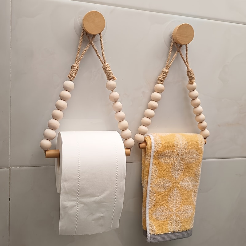 Rustic Wood No-Drill Toilet Paper Holder with Jute Cord & Beads Adhesive Wall-Mounted Paper Dispenser Organizer