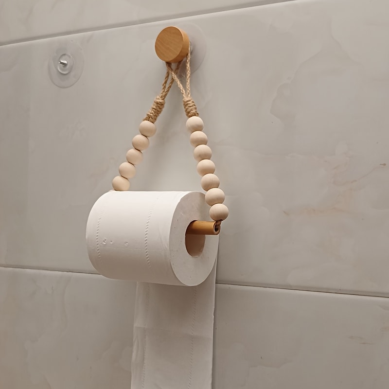Rustic Wood No-Drill Toilet Paper Holder with Jute Cord & Beads Adhesive Wall-Mounted Paper Dispenser Organizer