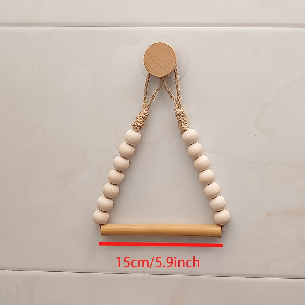 Rustic Wood No-Drill Toilet Paper Holder with Jute Cord & Beads Adhesive Wall-Mounted Paper Dispenser Organizer