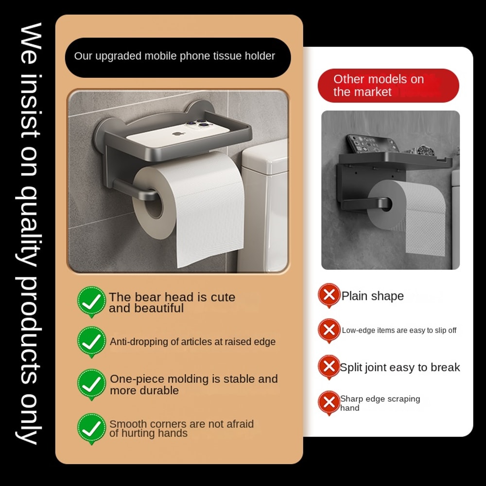 Bear Head Toilet Paper Holder WallMounted No Drilling Easy Installation Cute Tissue Dispenser 4