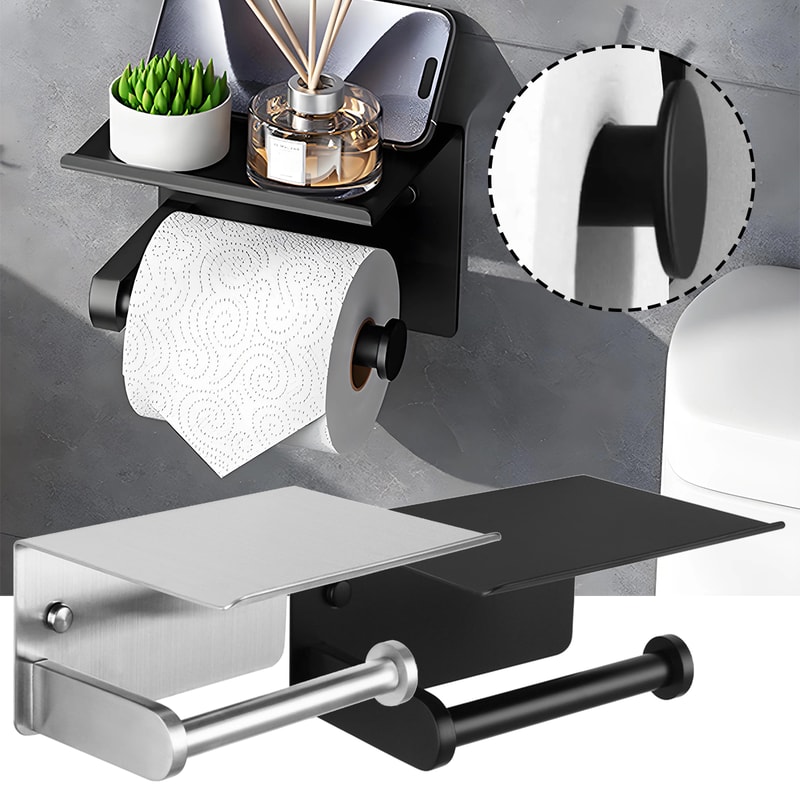 Stainless Steel Wall-Mounted Toilet Paper Holder with Phone Shelf No Drilling, Easy Installation