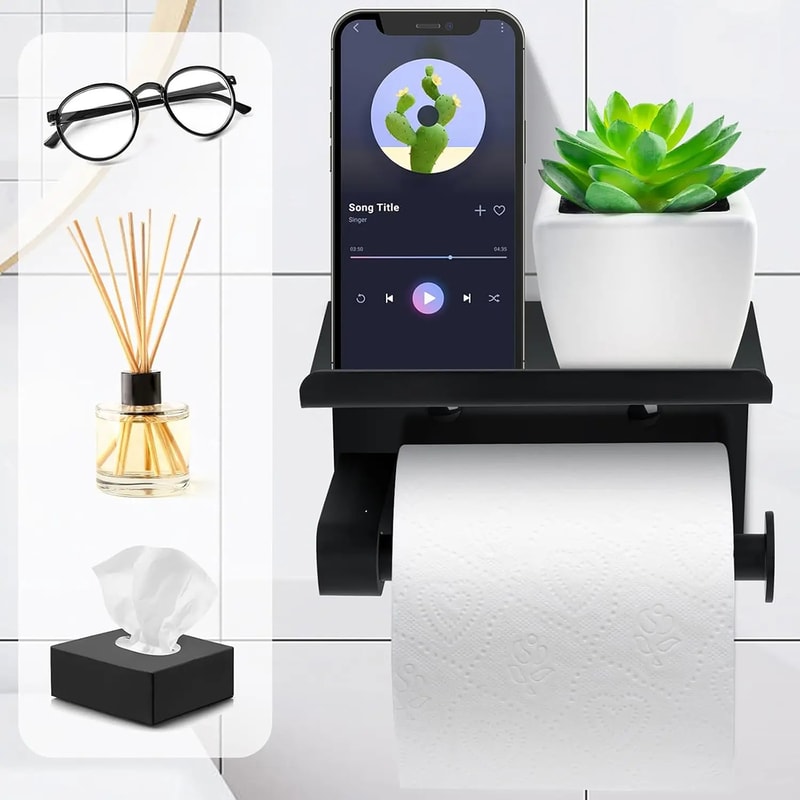 Stainless Steel Wall-Mounted Toilet Paper Holder with Phone Shelf No Drilling, Easy Installation