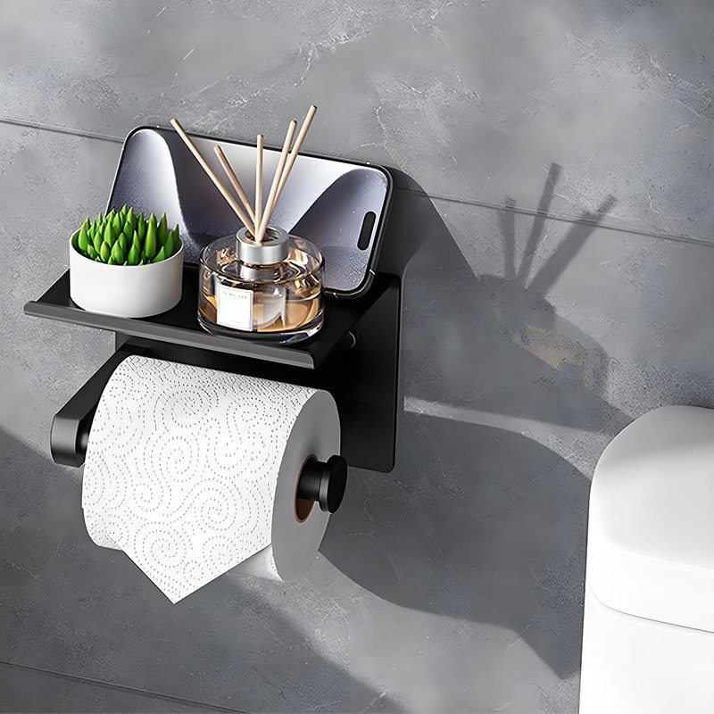Stainless Steel Wall-Mounted Toilet Paper Holder with Phone Shelf No Drilling, Easy Installation