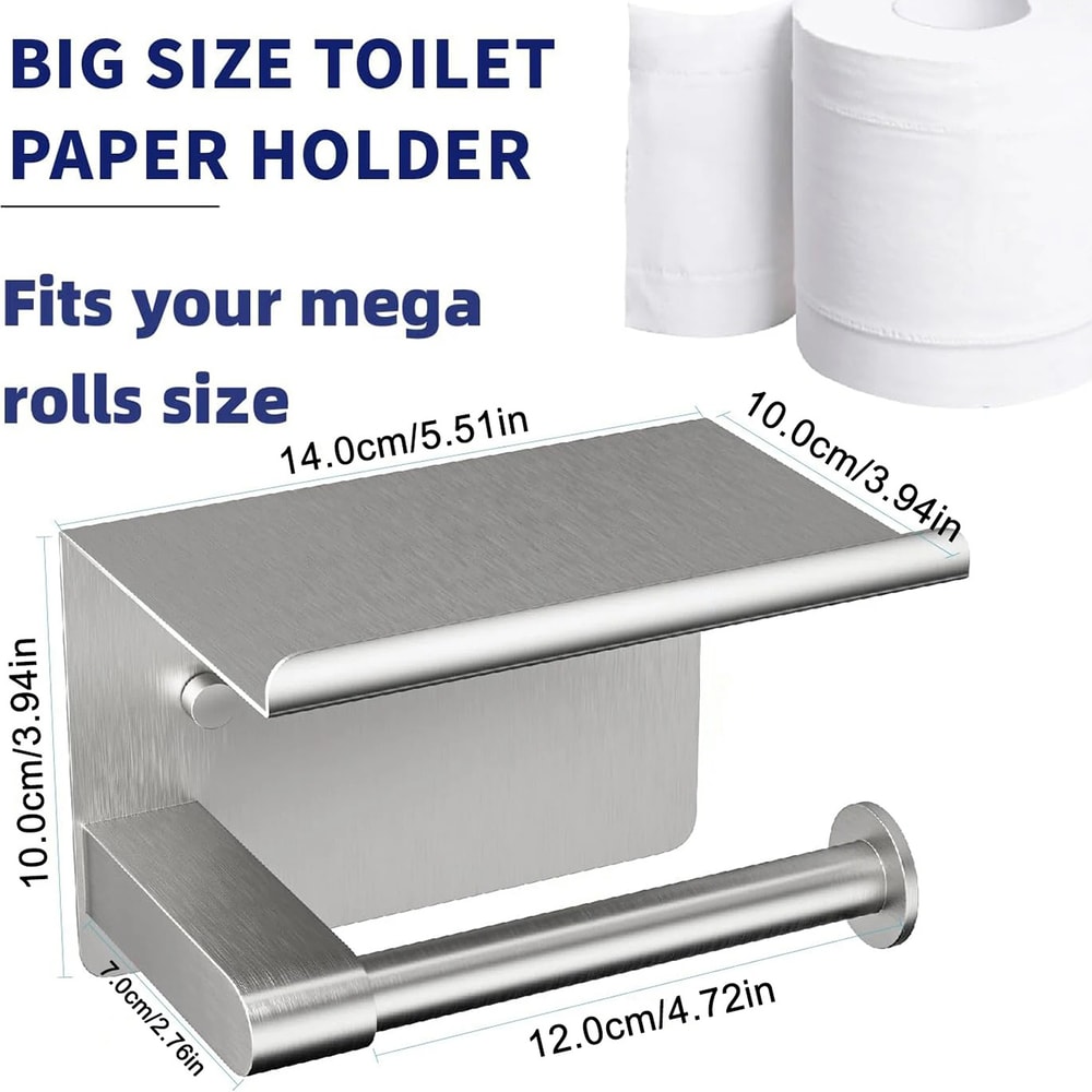 Stainless Steel Wall-Mounted Toilet Paper Holder with Phone Shelf No Drilling, Easy Installation