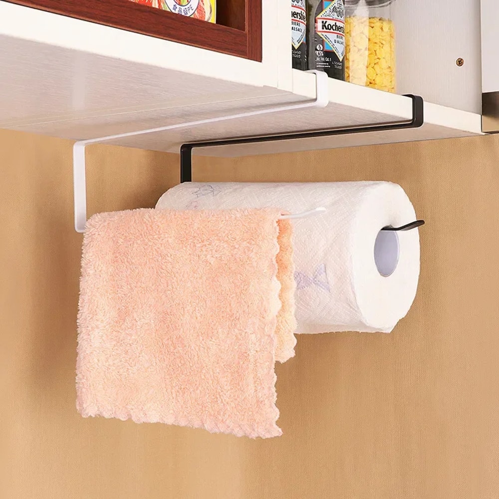 Hanging Kitchen Towel and Organizer Rack for Paper Rolls, Plastic Wrap, and Rags