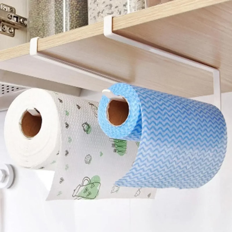 Hanging Kitchen Towel and Organizer Rack for Paper Rolls, Plastic Wrap, and Rags
