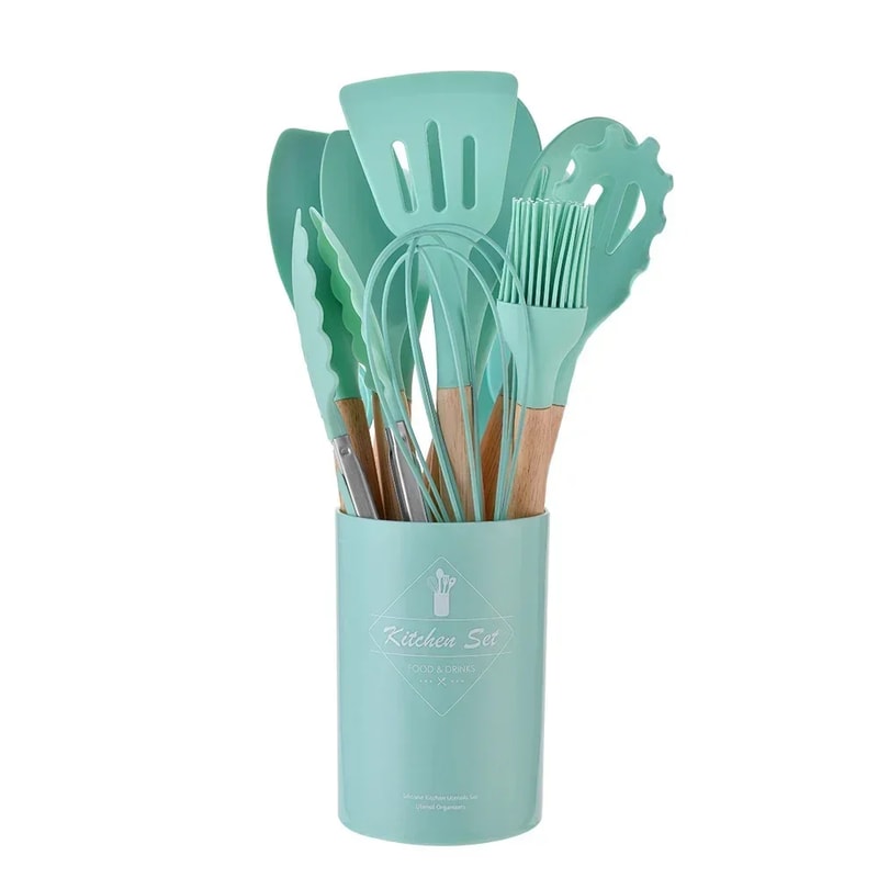 Silicone Kitchen Utensils Set With Wooden Handles NonStick Spatula Shovel Egg Beaters 7