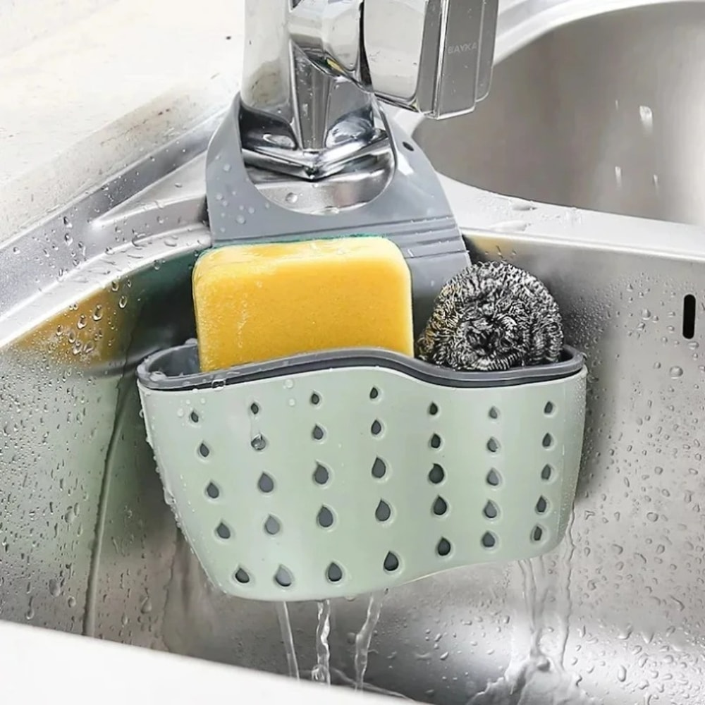 Adjustable Kitchen Sink Organizer Rack Soap, Sponge & Drain Basket Holder for Faucets