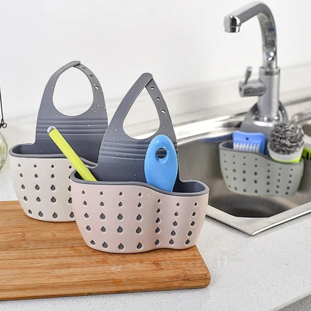 Adjustable Kitchen Sink Organizer Rack Soap, Sponge & Drain Basket Holder for Faucets