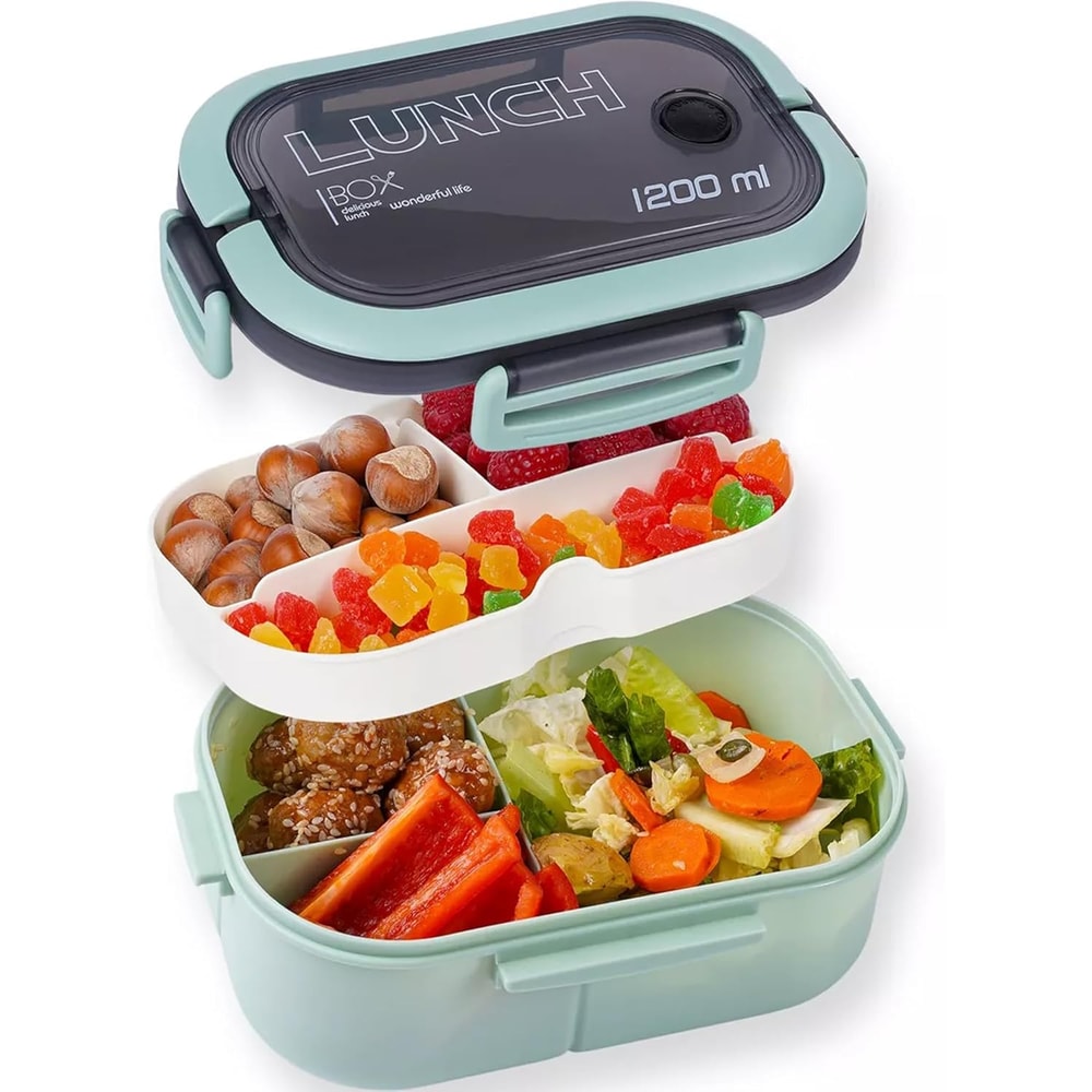 Leakproof Double Layer Lunch Box with Handle, Snack Box and Cutlery Set BPA Free, Microwave/Dishwasher Safe